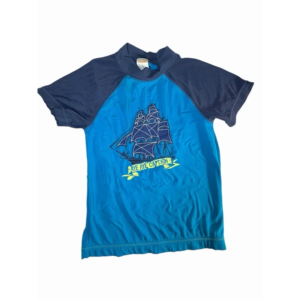 Gymboree Boy's Short Sleeve Rash Guard Swim Shirt Size 5-6 Pirate Ship Summer
